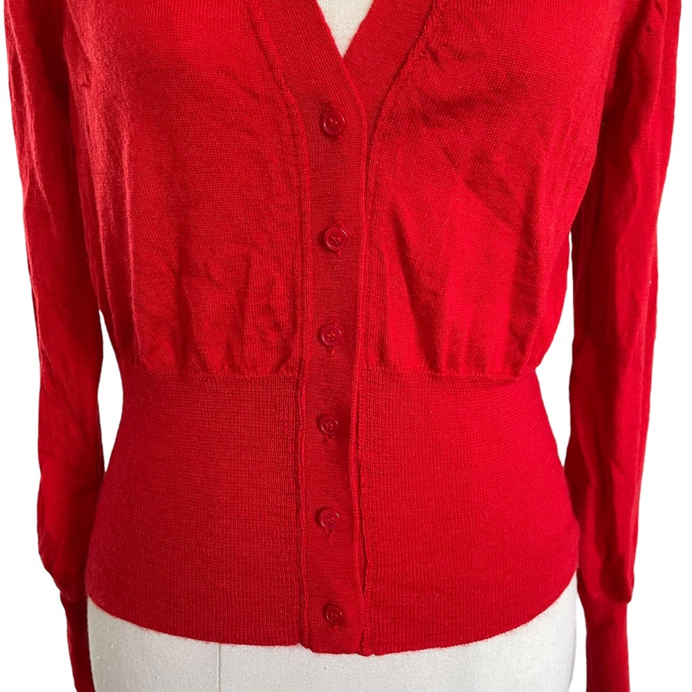 MODA INTERNATIONAL Sz S 100% Merino Wool red statement cardigan - Picture 7 of 11